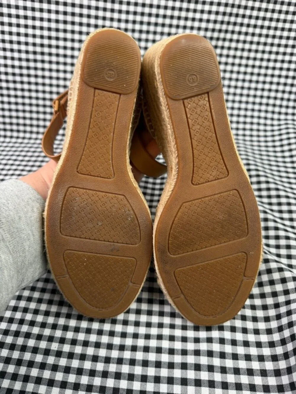 Tory Burch Bima Espadrille Wedge Sandals Tan Leather Ankle Strap Size 6.5